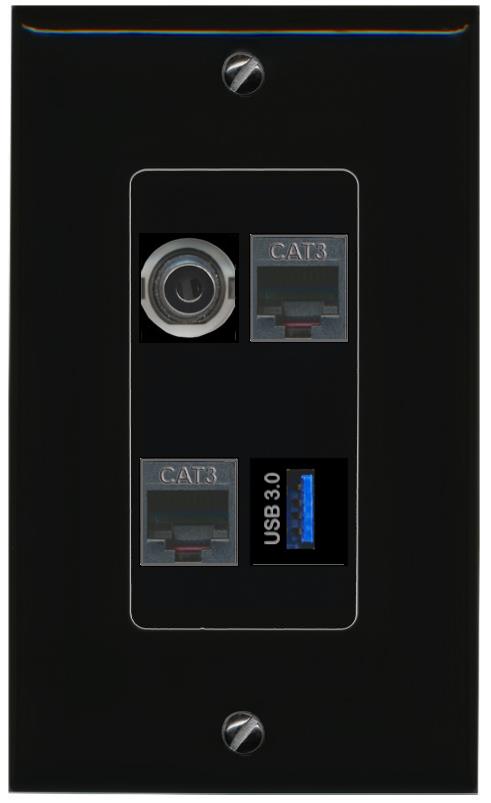 RiteAV 3.5mm 2 PHONE USB-3 Wall Plate Decorative [Black]