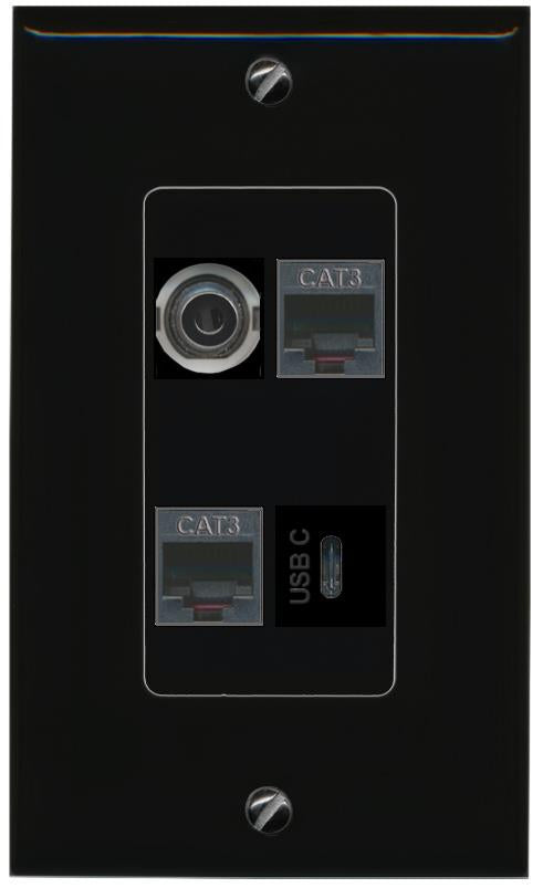 RiteAV 3.5mm 2 PHONE USBC Wall Plate Decorative [Black]