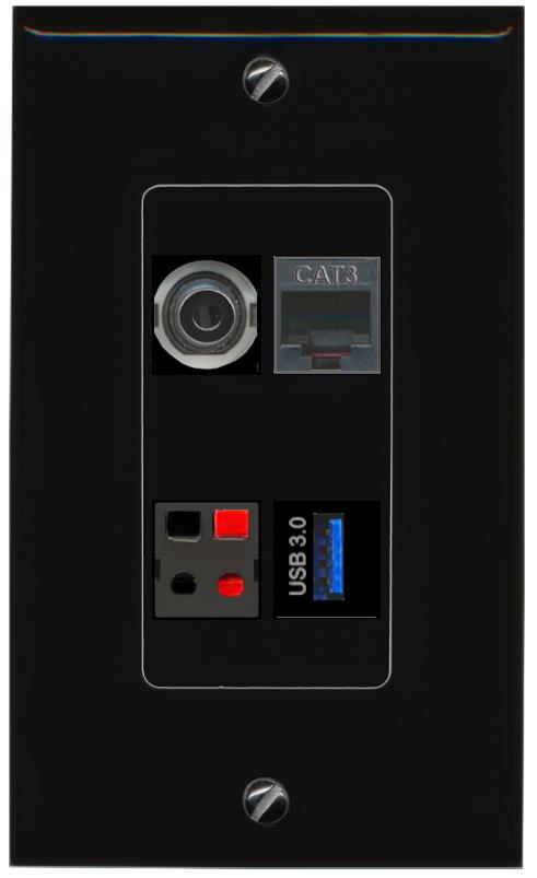 RiteAV 3.5mm PHONE SPEAKER USB-3 Wall Plate Decorative [Black]