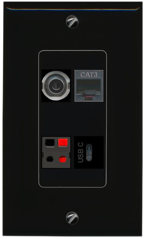 RiteAV 3.5mm PHONE SPEAKER USBC Wall Plate Decorative [Black]