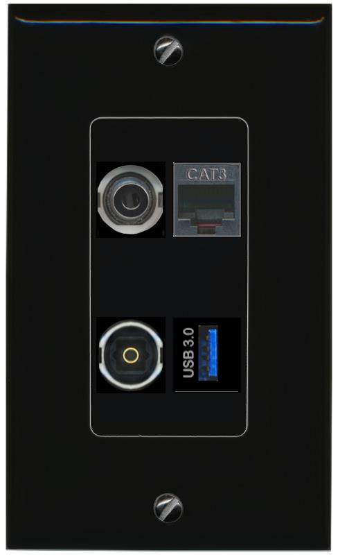 RiteAV 3.5mm PHONE TOSLINK USB-3 Wall Plate Decorative [Black]
