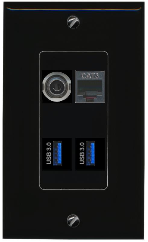 RiteAV 3.5mm PHONE 2 USB-3 Wall Plate Decorative [Black]