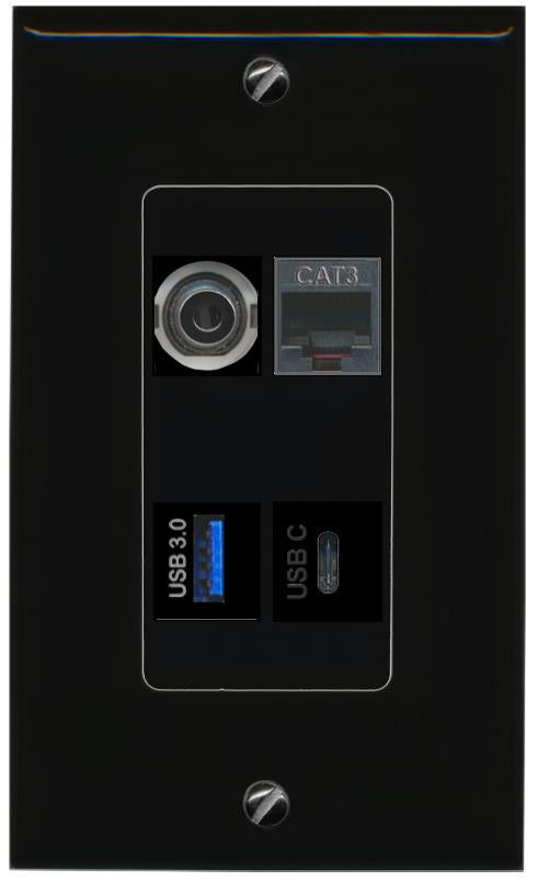 RiteAV 3.5mm PHONE USB-3 USBC Wall Plate Decorative [Black]