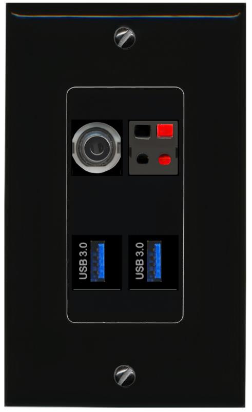 RiteAV 3.5mm SPEAKER 2 USB-3 Wall Plate Decorative [Black]