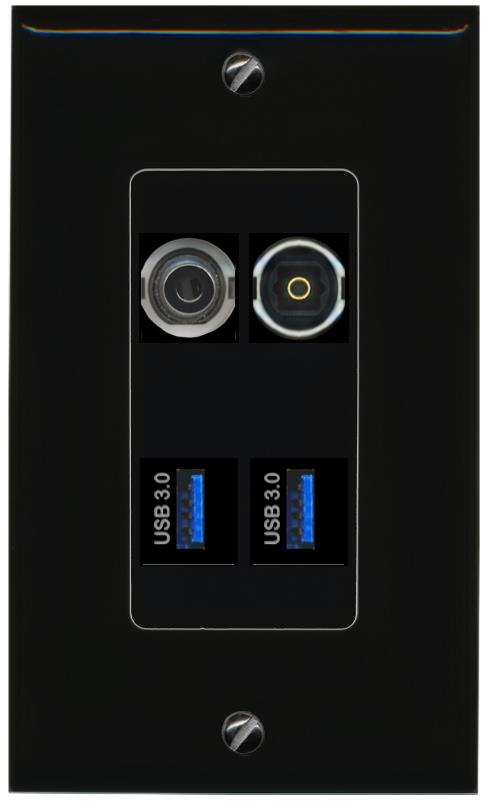 RiteAV 3.5mm TOSLINK 2 USB-3 Wall Plate Decorative [Black]