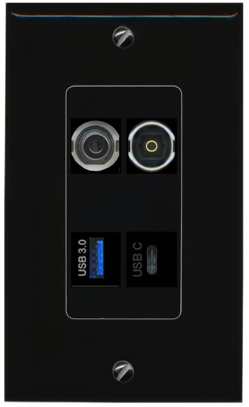 RiteAV 3.5mm TOSLINK USB-3 USBC Wall Plate Decorative [Black]