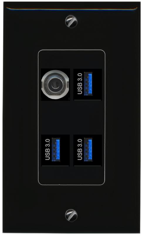 RiteAV 3.5mm 3 USB-3 Wall Plate Decorative [Black]