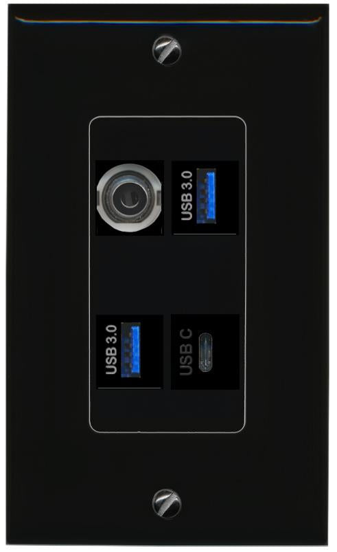 RiteAV 3.5mm 2 USB-3 USBC Wall Plate Decorative [Black]