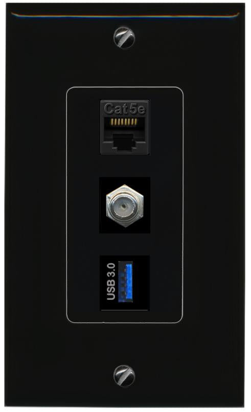 CAT5E-WHITE COAX USB-3 Wall Plate [Black]