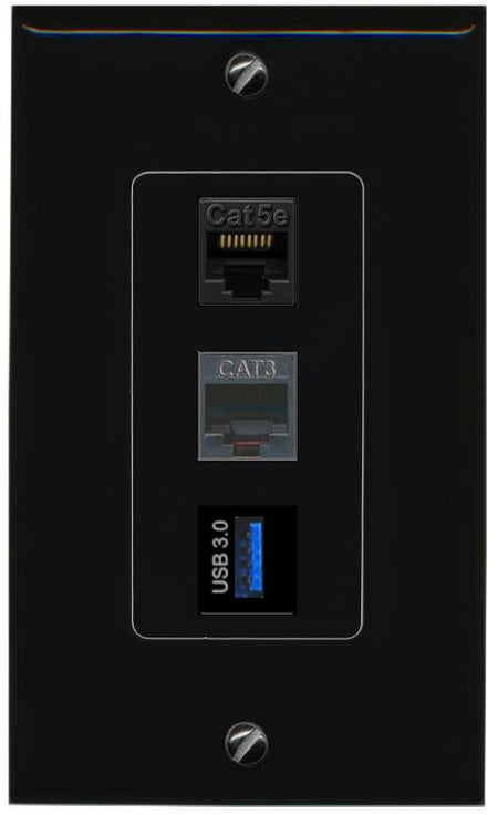CAT5E-WHITE PHONE USB-3 Wall Plate [Black]