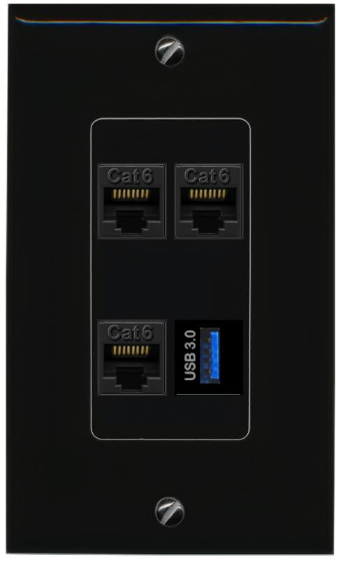 RiteAV 3 CAT6 USB-3 Wall Plate Decorative [Black]