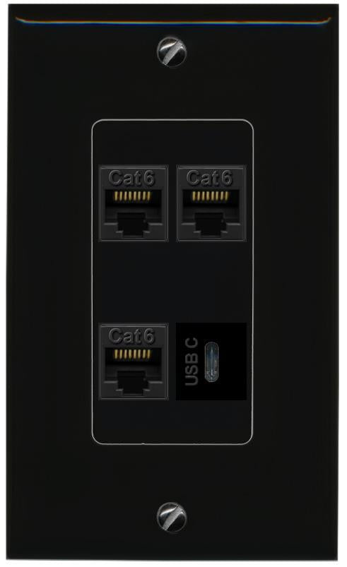 RiteAV 3 CAT6 USBC Wall Plate Decorative [Black]