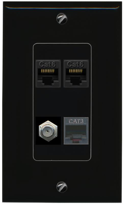 RiteAV 2 CAT6 COAX PHONE Wall Plate Decorative [Black]