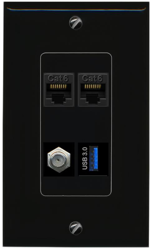 RiteAV 2 CAT6 COAX USB-3 Wall Plate Decorative [Black]