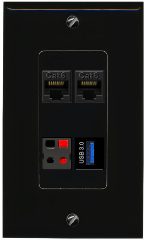 RiteAV 2 CAT6 SPEAKER USB-3 Wall Plate Decorative [Black]