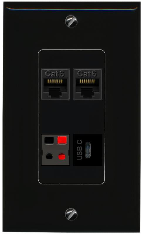 RiteAV 2 CAT6 SPEAKER USBC Wall Plate Decorative [Black]