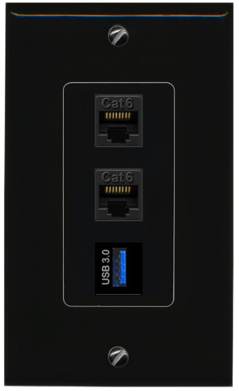 2 CAT6 USB-3 Wall Plate [Black]