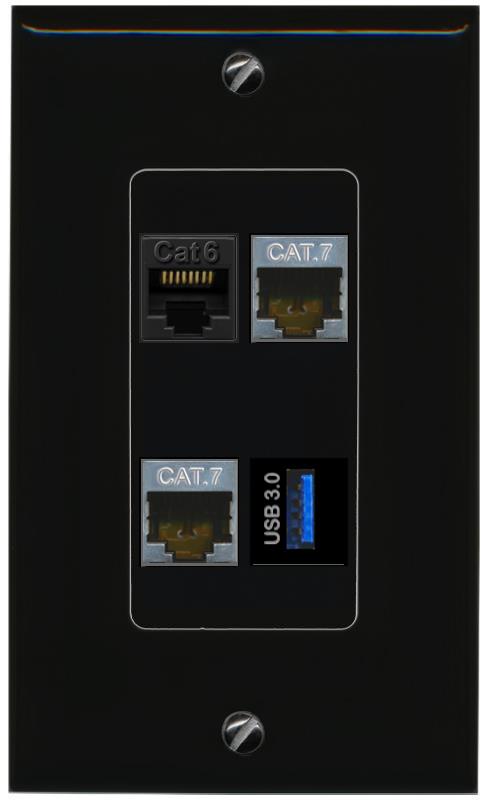 RiteAV CAT6 2 CAT7 USB-3 Wall Plate Decorative [Black]