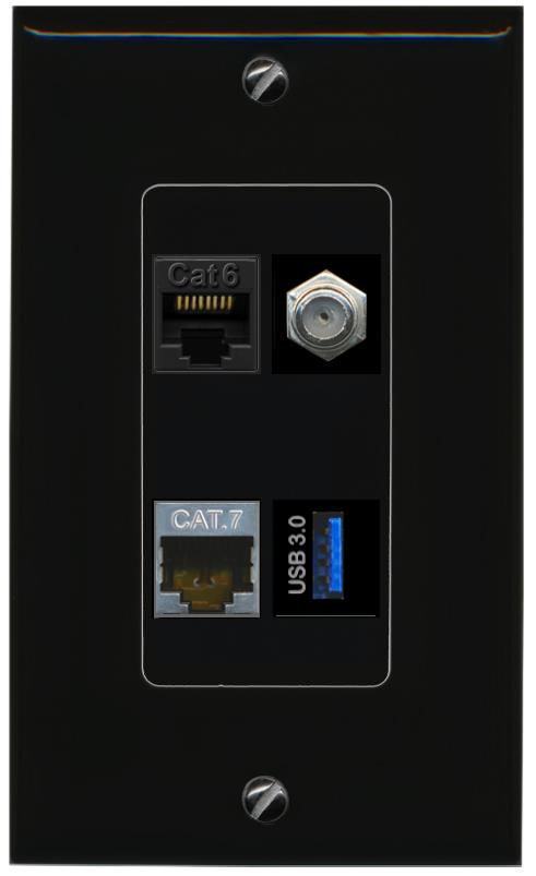 RiteAV CAT6 CAT7 COAX USB-3 Wall Plate Decorative [Black]