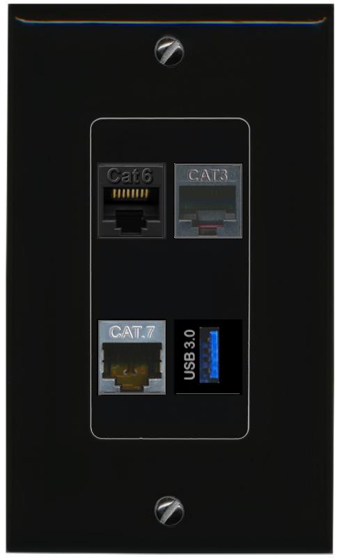 RiteAV CAT6 CAT7 PHONE USB-3 Wall Plate Decorative [Black]