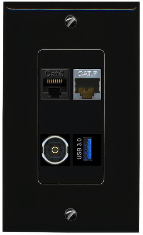 RiteAV CAT6 CAT7 TOSLINK USB-3 Wall Plate Decorative [Black]
