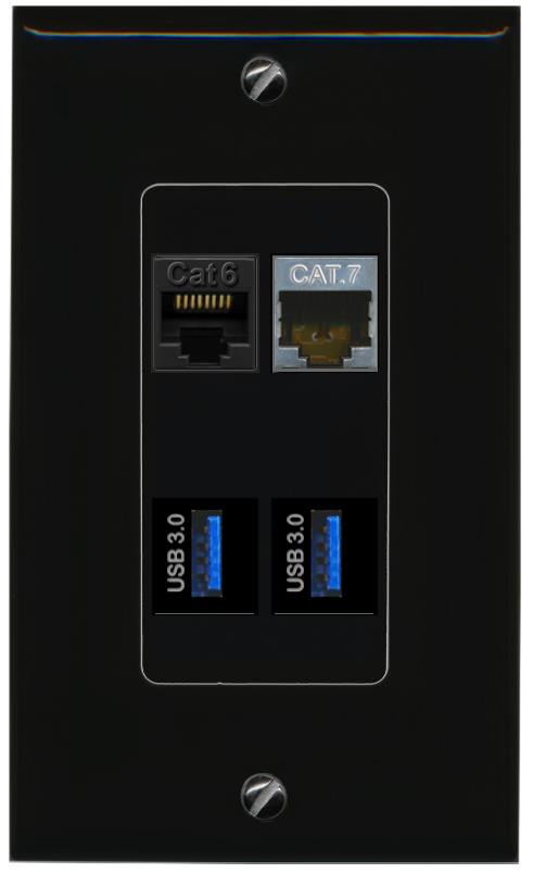 RiteAV CAT6 CAT7 2 USB-3 Wall Plate Decorative [Black]