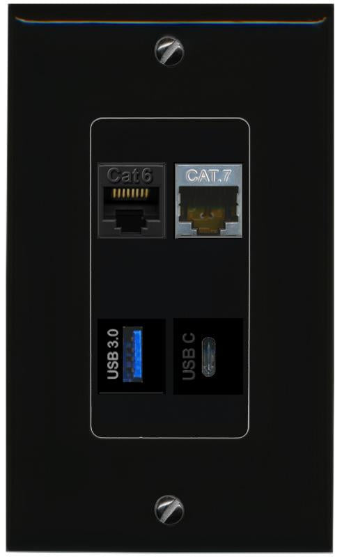 RiteAV CAT6 CAT7 USB-3 USBC Wall Plate Decorative [Black]
