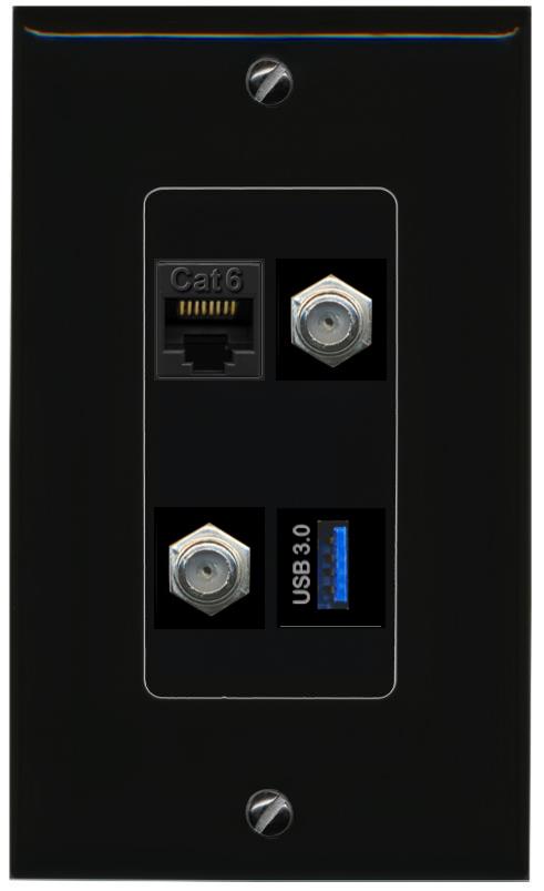 RiteAV CAT6 2 COAX USB-3 Wall Plate Decorative [Black]