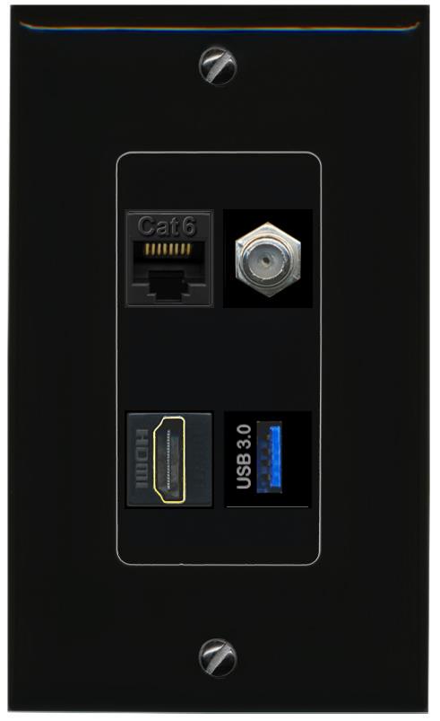 RiteAV CAT6 COAX HDMI USB-3 Wall Plate Decorative [Black]