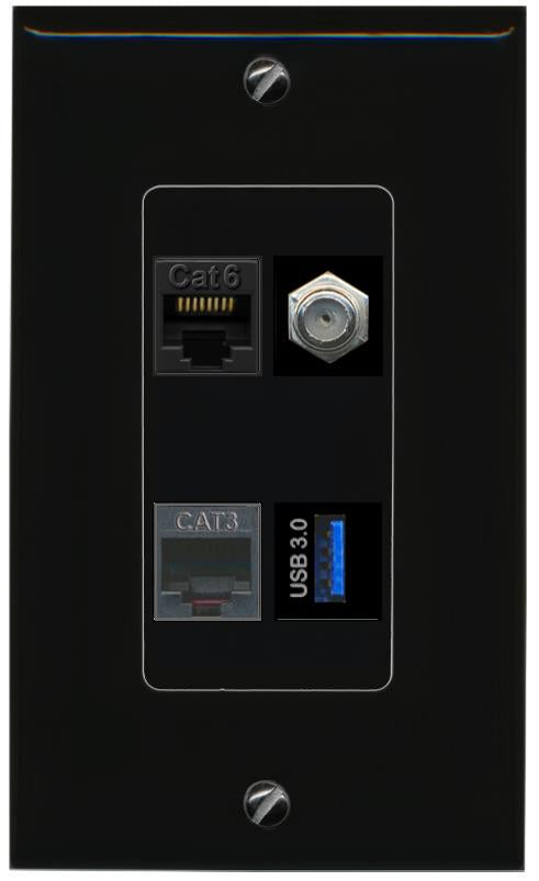RiteAV CAT6 COAX PHONE USB-3 Wall Plate Decorative [Black]