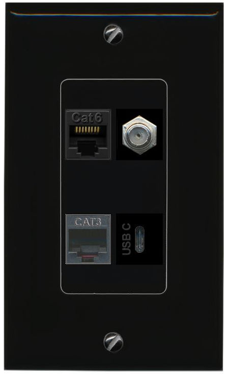 RiteAV CAT6 COAX PHONE USBC Wall Plate Decorative [Black]