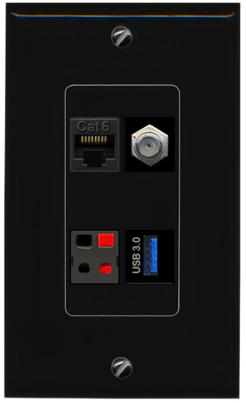 RiteAV CAT6 COAX SPEAKER USB-3 Wall Plate Decorative [Black]