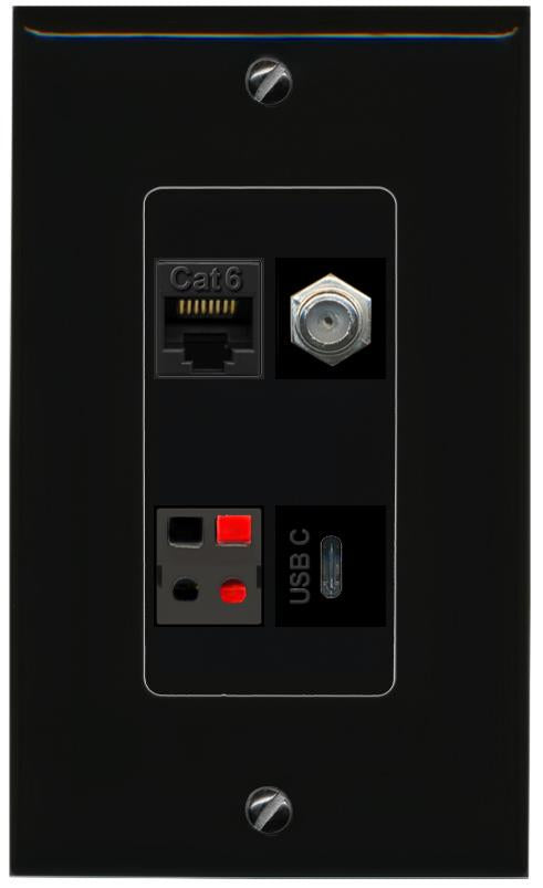 RiteAV CAT6 COAX SPEAKER USBC Wall Plate Decorative [Black]