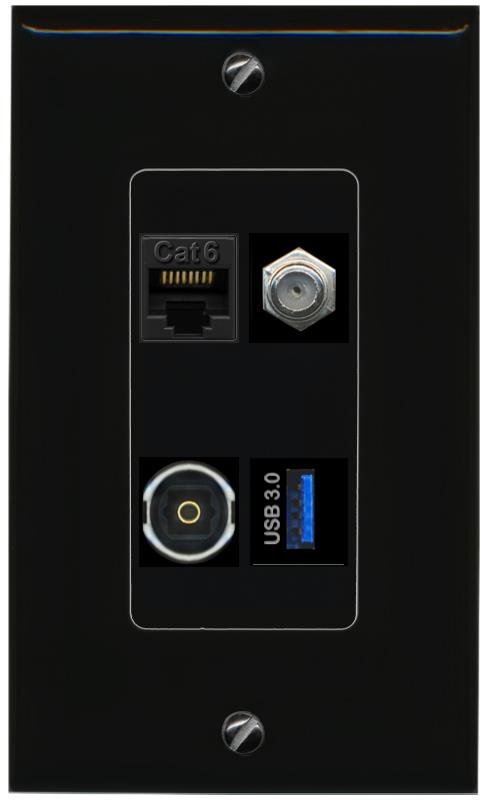 RiteAV CAT6 COAX TOSLINK USB-3 Wall Plate Decorative [Black]
