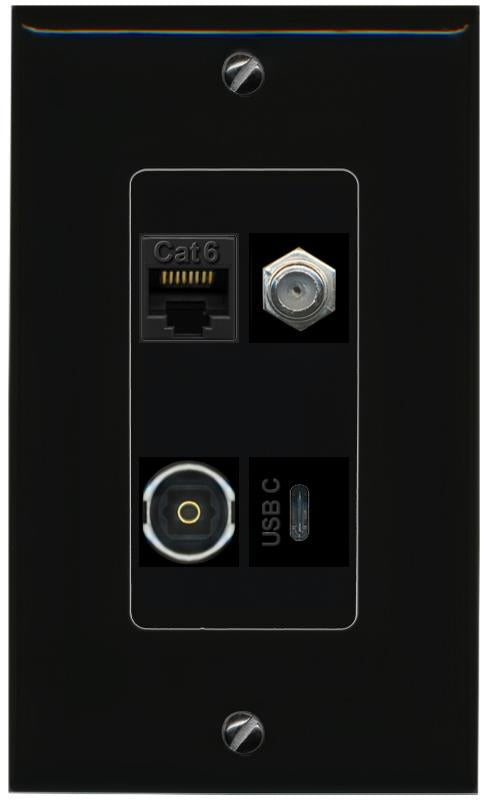 RiteAV CAT6 COAX TOSLINK USBC Wall Plate Decorative [Black]