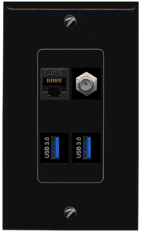 RiteAV CAT6 COAX 2 USB-3 Wall Plate Decorative [Black]