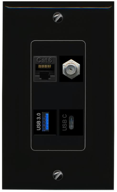 RiteAV CAT6 COAX USB-3 USBC Wall Plate Decorative [Black]