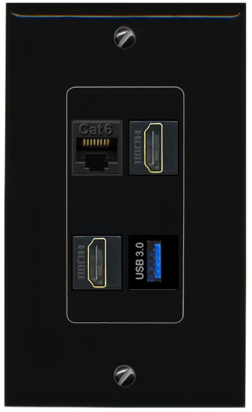 RiteAV CAT6 2 HDMI USB-3 Wall Plate Decorative [Black]
