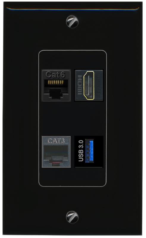 RiteAV CAT6 HDMI PHONE USB-3 Wall Plate Decorative [Black]