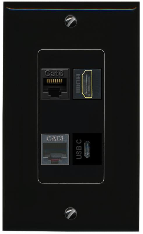 RiteAV CAT6 HDMI PHONE USBC Wall Plate Decorative [Black]