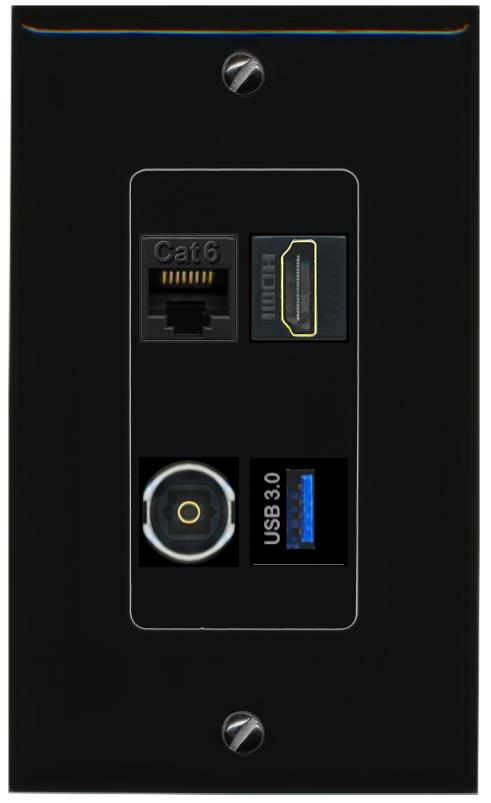 RiteAV CAT6 HDMI TOSLINK USB-3 Wall Plate Decorative [Black]