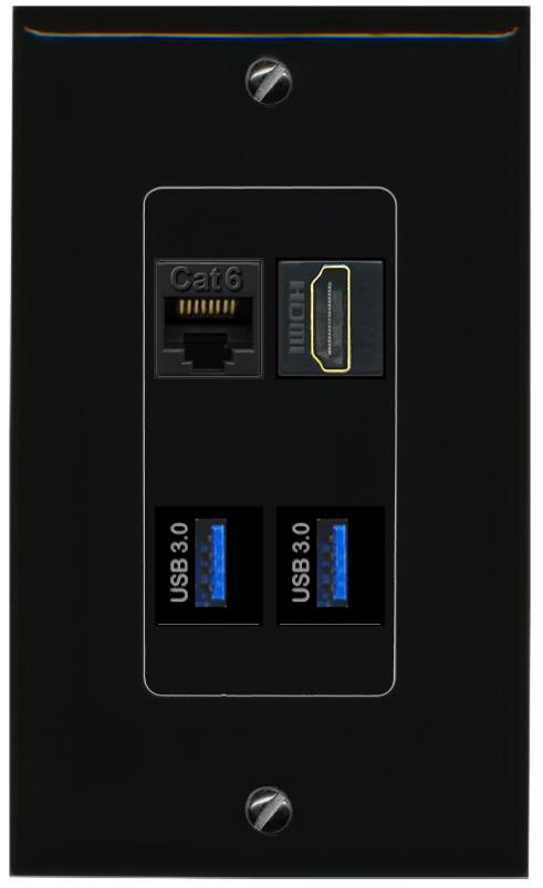 RiteAV CAT6 HDMI 2 USB-3 Wall Plate Decorative [Black]