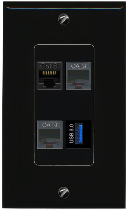 RiteAV CAT6 2 PHONE USB-3 Wall Plate Decorative [Black]