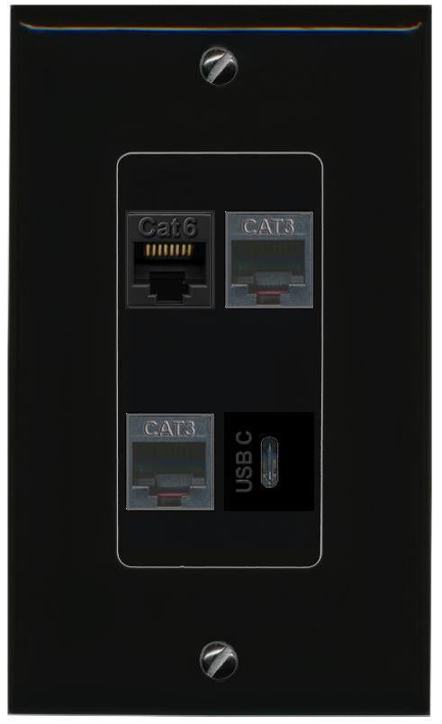 RiteAV CAT6 2 PHONE USBC Wall Plate Decorative [Black]