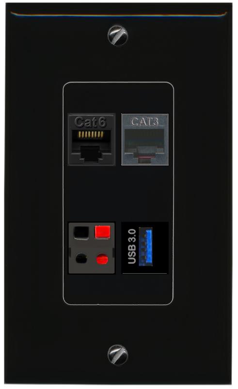 RiteAV CAT6 PHONE SPEAKER USB-3 Wall Plate Decorative [Black]