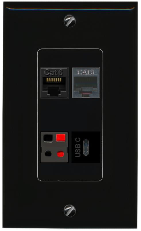 RiteAV CAT6 PHONE SPEAKER USBC Wall Plate Decorative [Black]