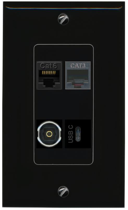 RiteAV CAT6 PHONE TOSLINK USBC Wall Plate Decorative [Black]