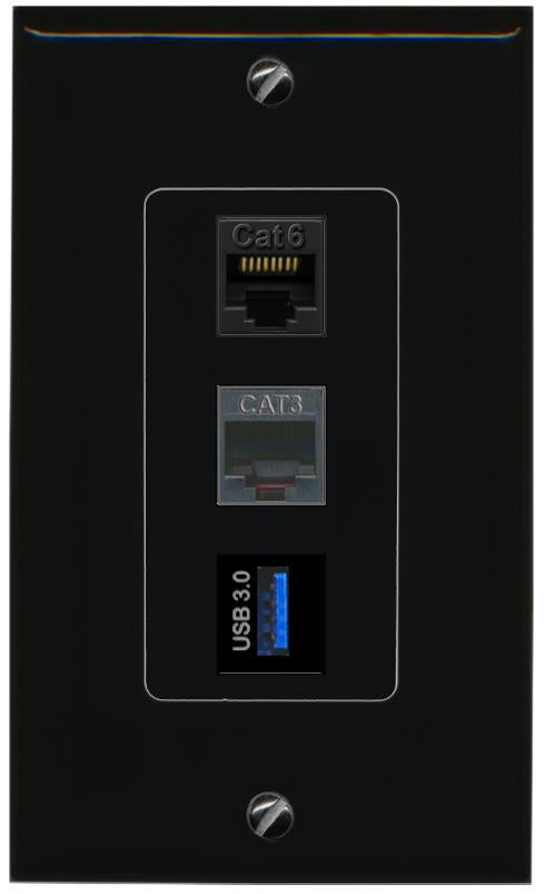 CAT6 PHONE USB-3 Wall Plate [Black]