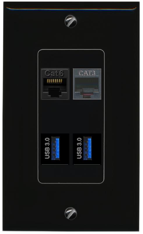 RiteAV CAT6 PHONE 2 USB-3 Wall Plate Decorative [Black]