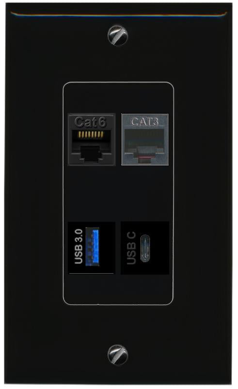 RiteAV CAT6 PHONE USB-3 USBC Wall Plate Decorative [Black]
